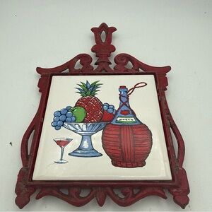 VTG Cast Iron Tile Wine And fruit Design Distressed red Trivet Japan by Cherry
